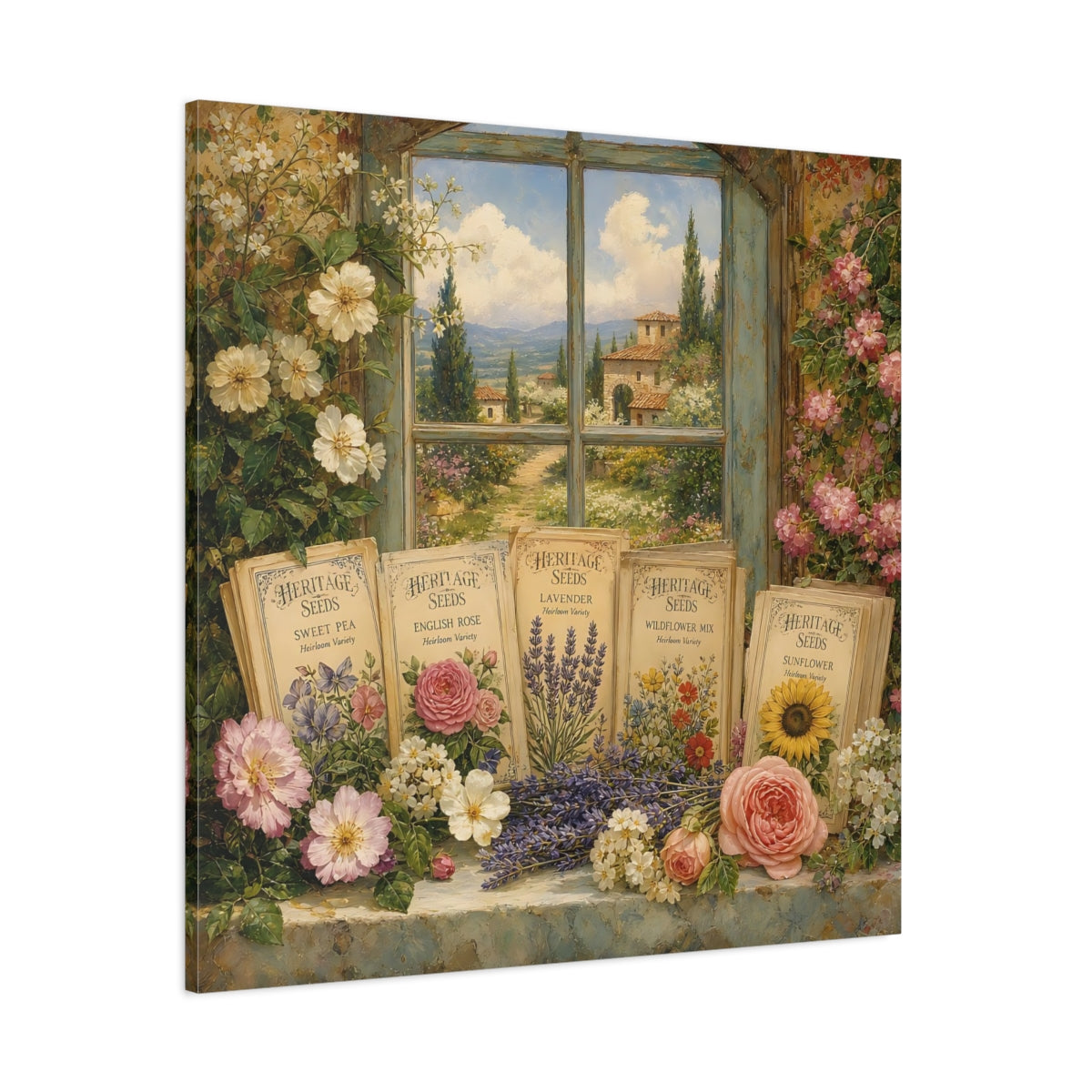 Side Mockup 1. Nature Floral Window Vintage Floral shown as stretched canvas wall art