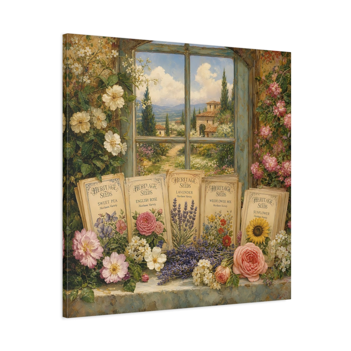 Main Mockup. Nature Floral Window Vintage Floral shown as stretched canvas wall art