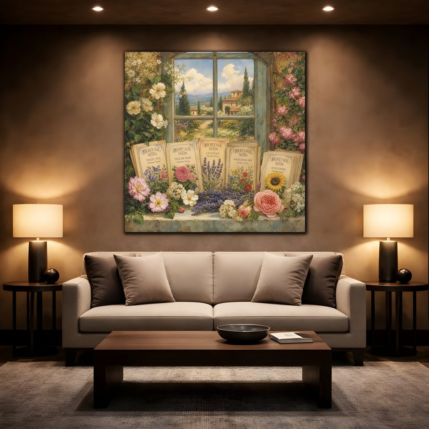 Mockup 2. Nature Floral Window Vintage Floral shown as stretched canvas wall art
