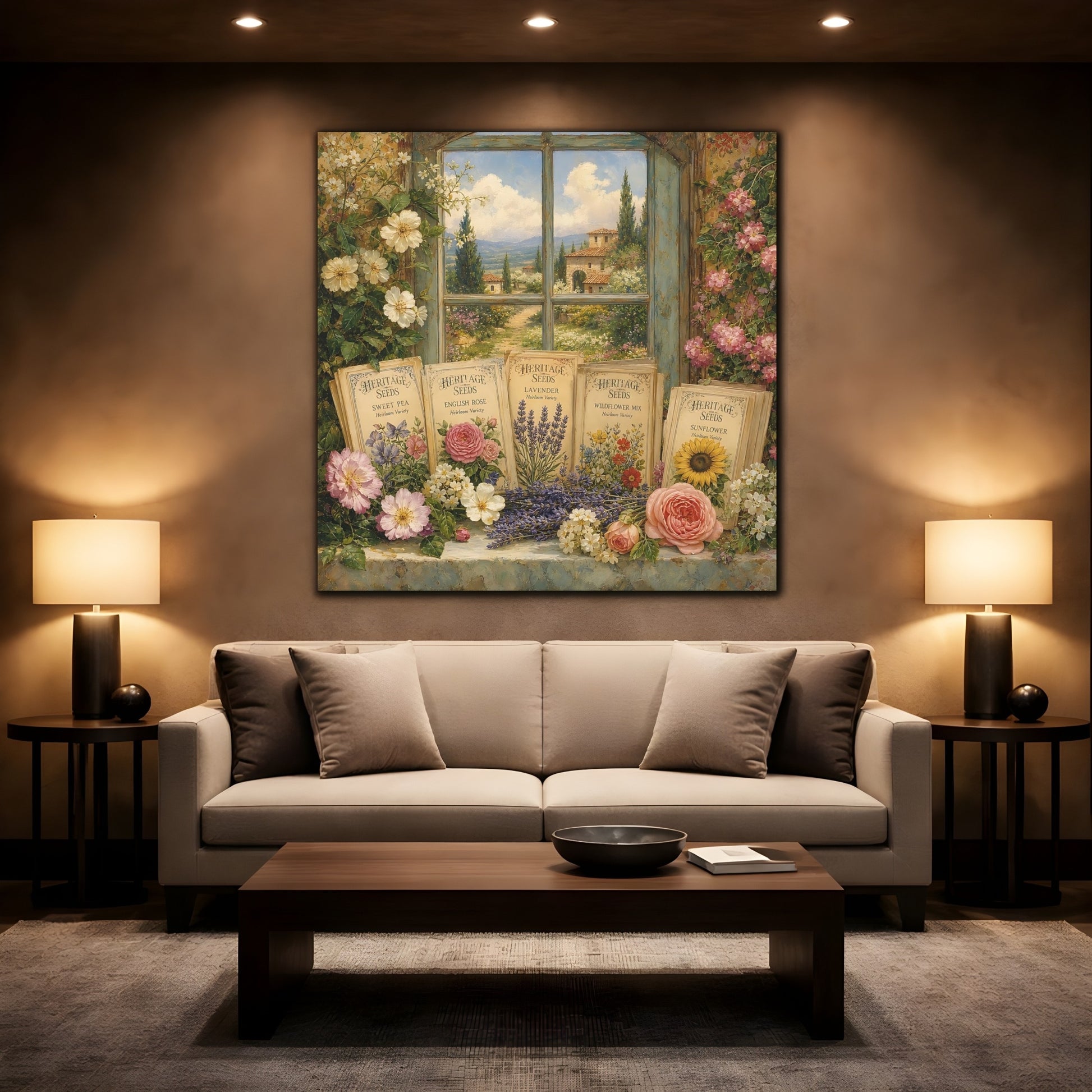 Mockup 2. Nature Floral Window Vintage Floral shown as stretched canvas wall art