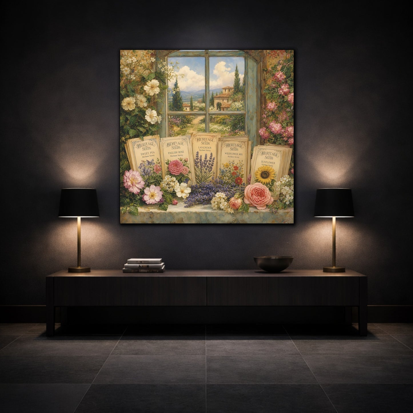 Mockup 3. Nature Floral Window Vintage Floral shown as stretched canvas wall art
