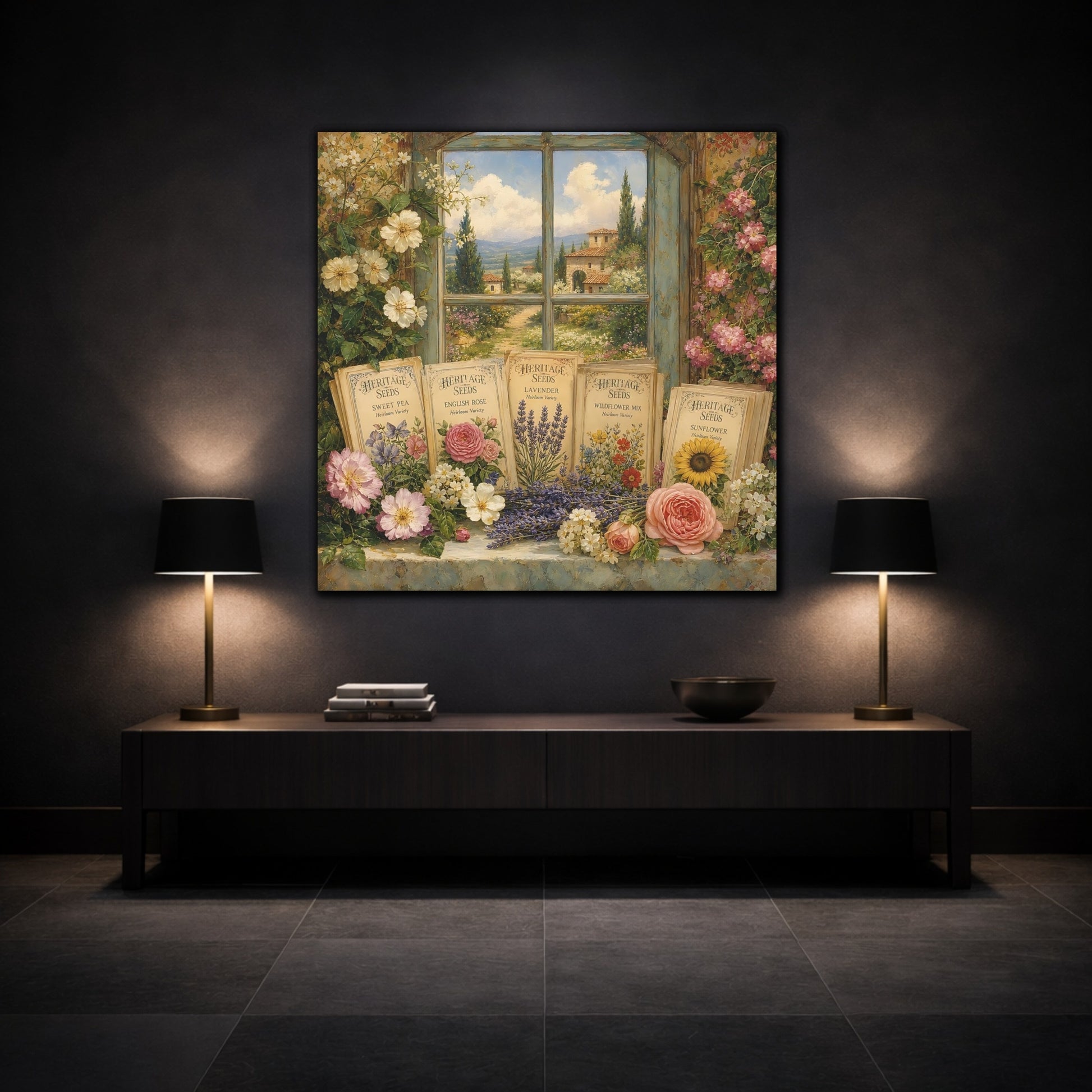 Mockup 3. Nature Floral Window Vintage Floral shown as stretched canvas wall art