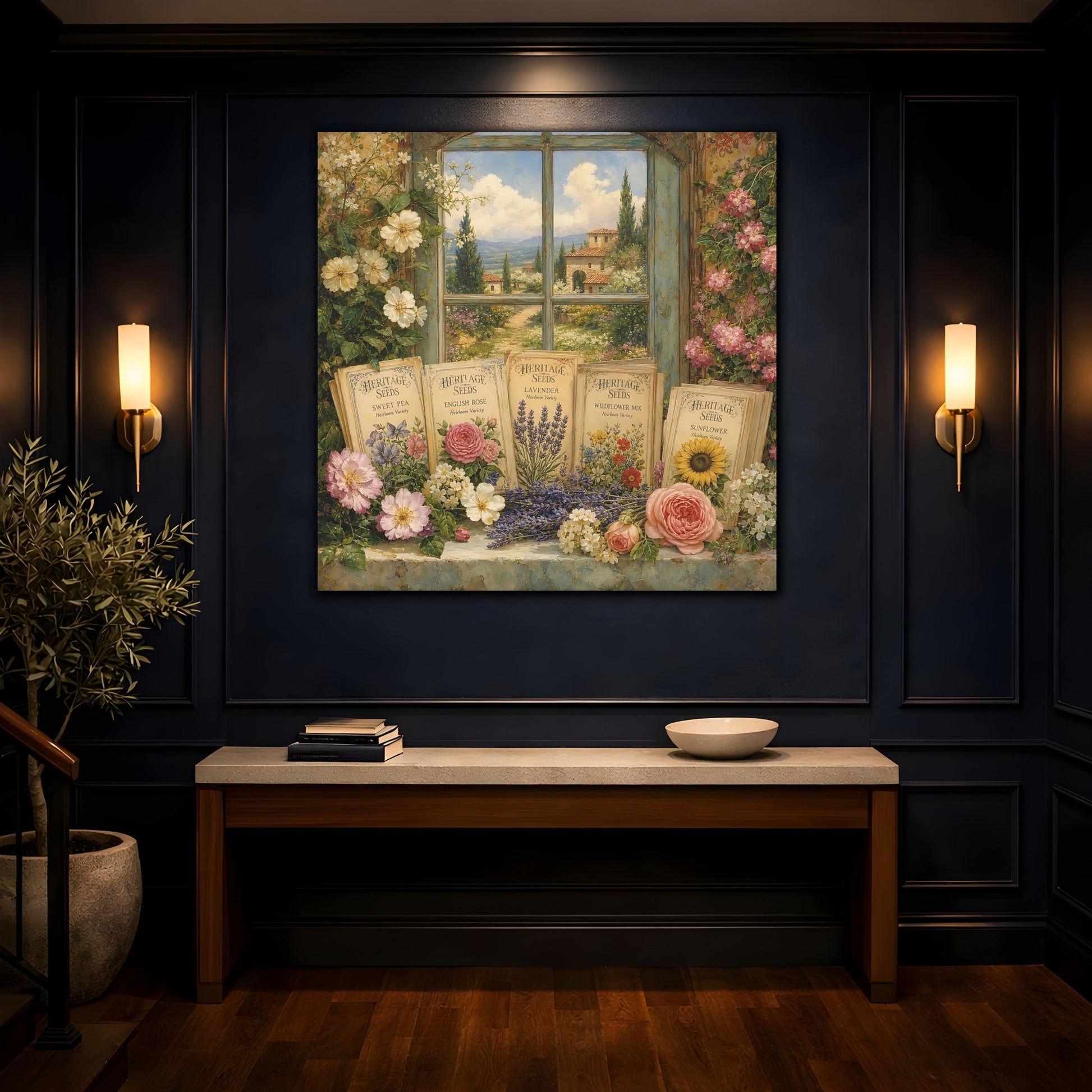 Mockup 4. Nature Floral Window Vintage Floral shown as stretched canvas wall art