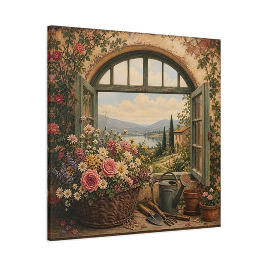 Main Mockup. Nature Flower Basket Colorful Garden Window shown as stretched canvas wall art