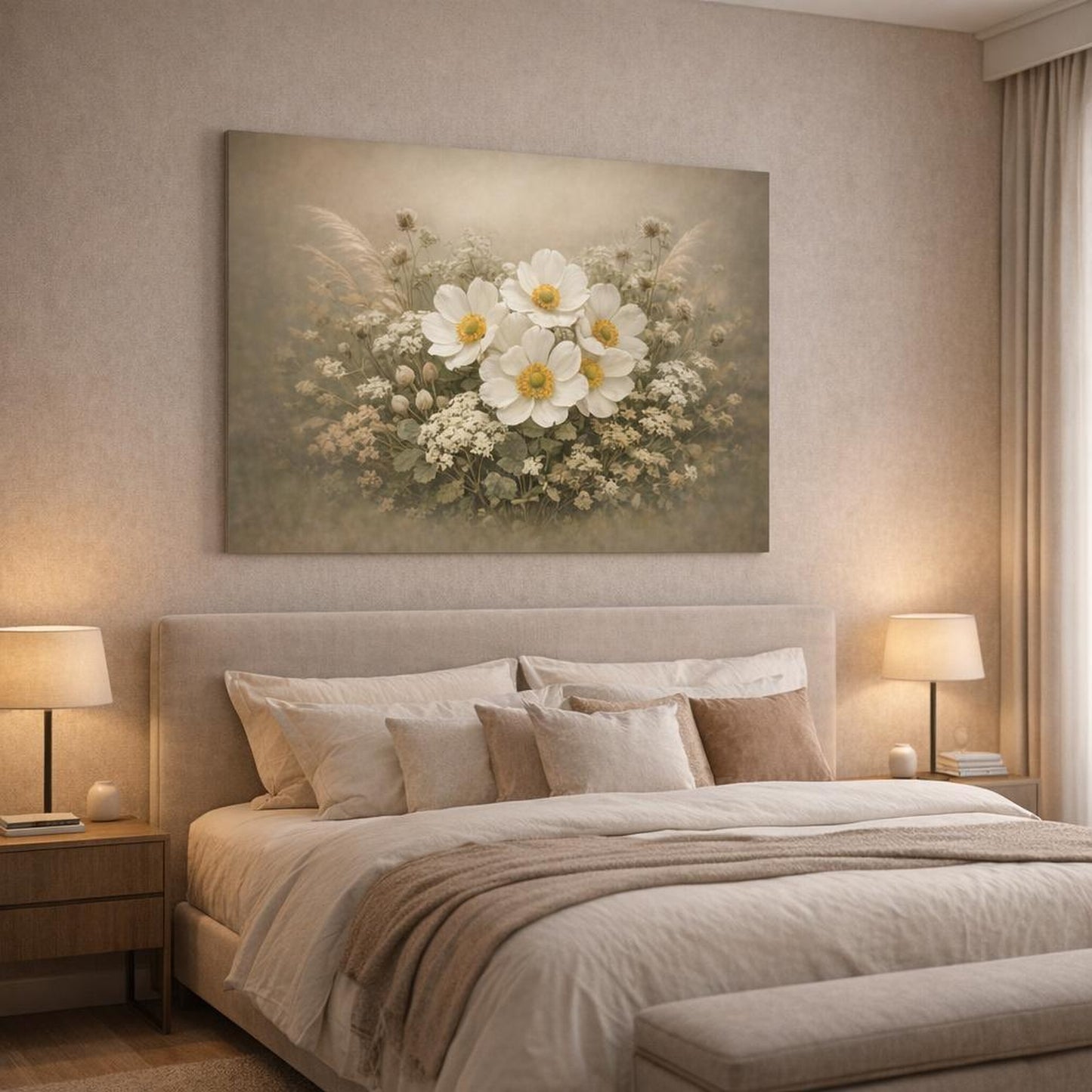 Nature Flower Botanical shown as canvas wall art in a luxury bedroom