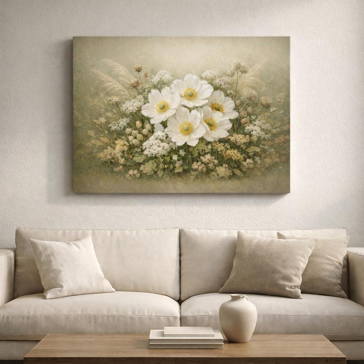 Nature Flower Botanical shown as canvas wall art in a refined dining room
