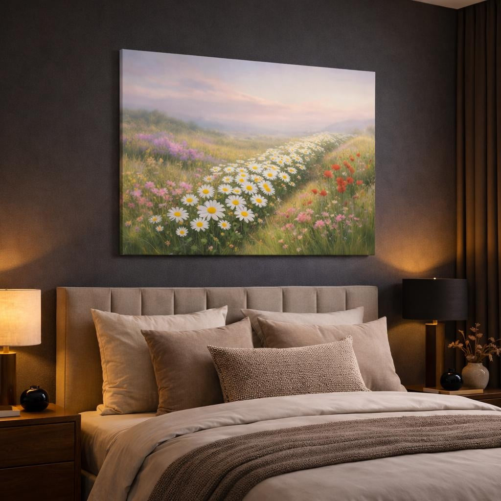 Nature Flower Field shown as canvas wall art in a luxury bedroom