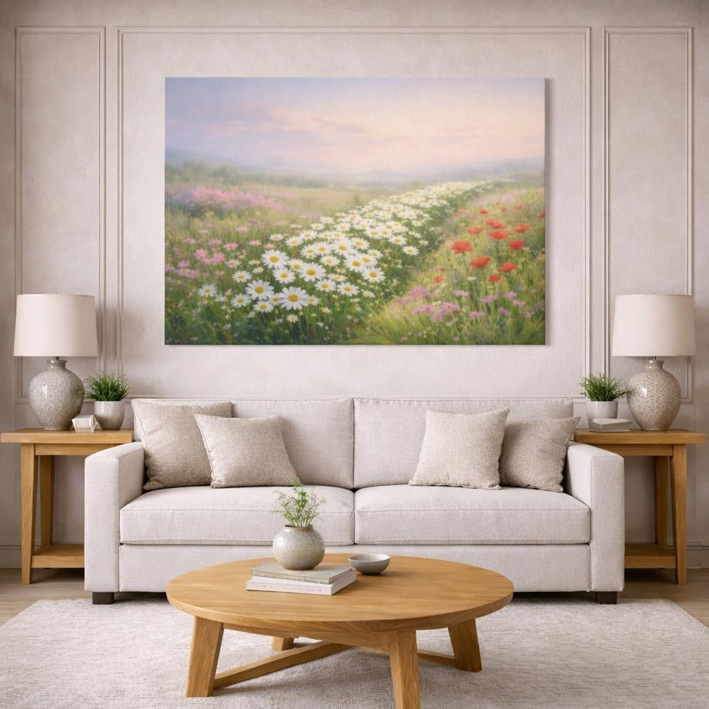 Nature Flower Field shown as canvas wall art in a modern living room