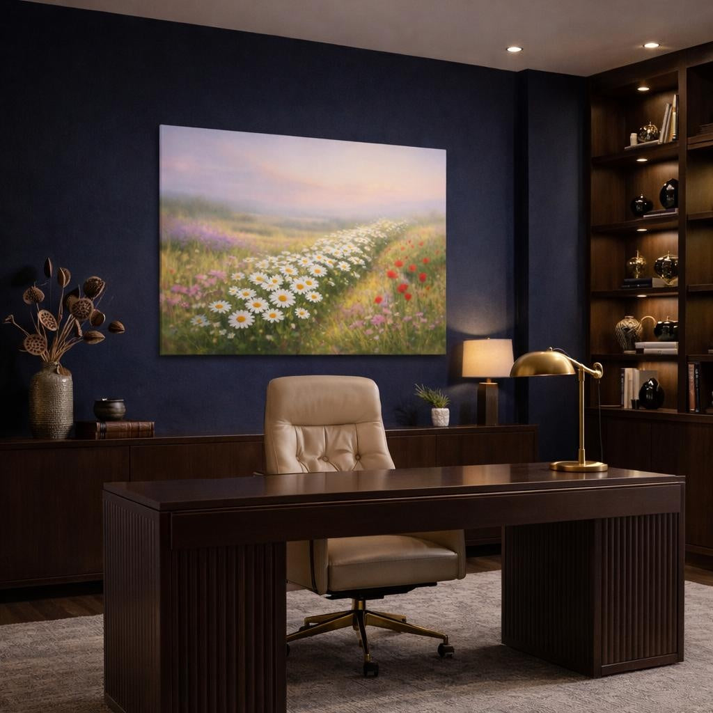 Nature Flower Field shown as canvas wall art in a refined dining room