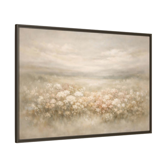 Main Mockup. Nature Flower Field Soft Beige shown as stretched canvas wall art