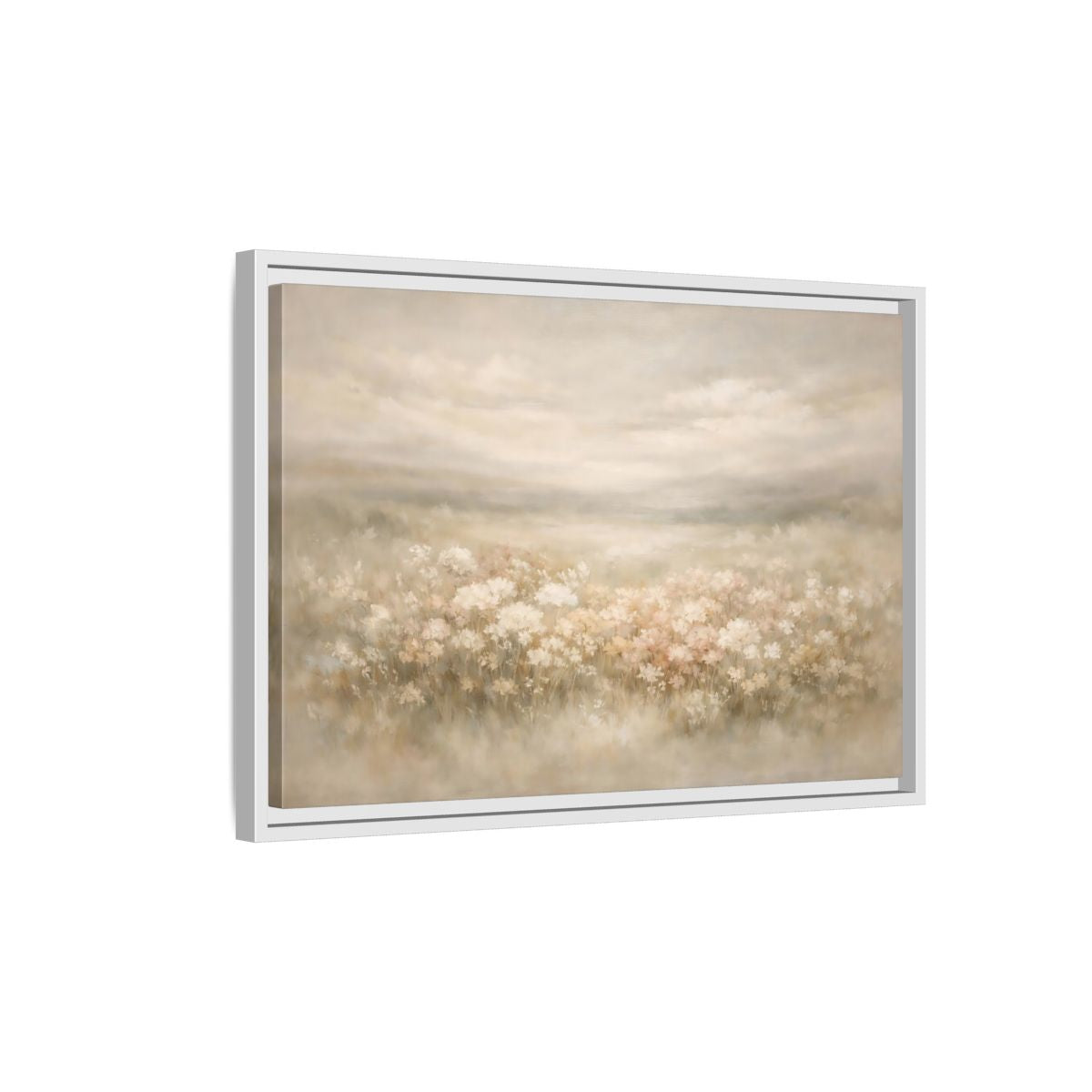 Side Mockup 1. Nature Flower Field Soft Beige shown as stretched canvas wall art