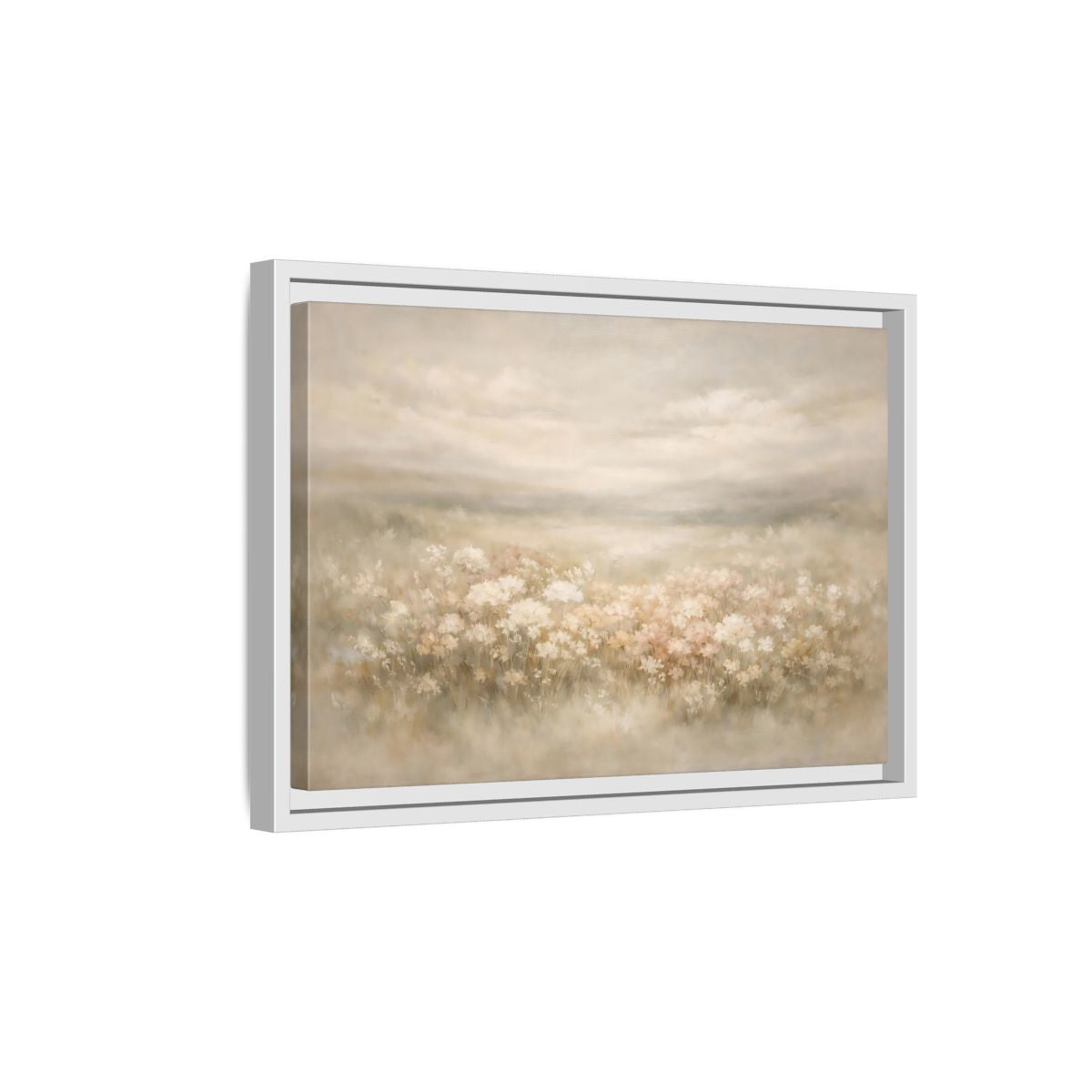 Side Mockup 4. Nature Flower Field Soft Beige shown as stretched canvas wall art