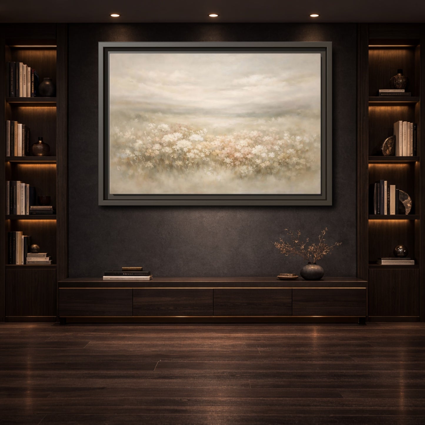 Mockup 3. Nature Flower Field Soft Beige shown as stretched canvas wall art