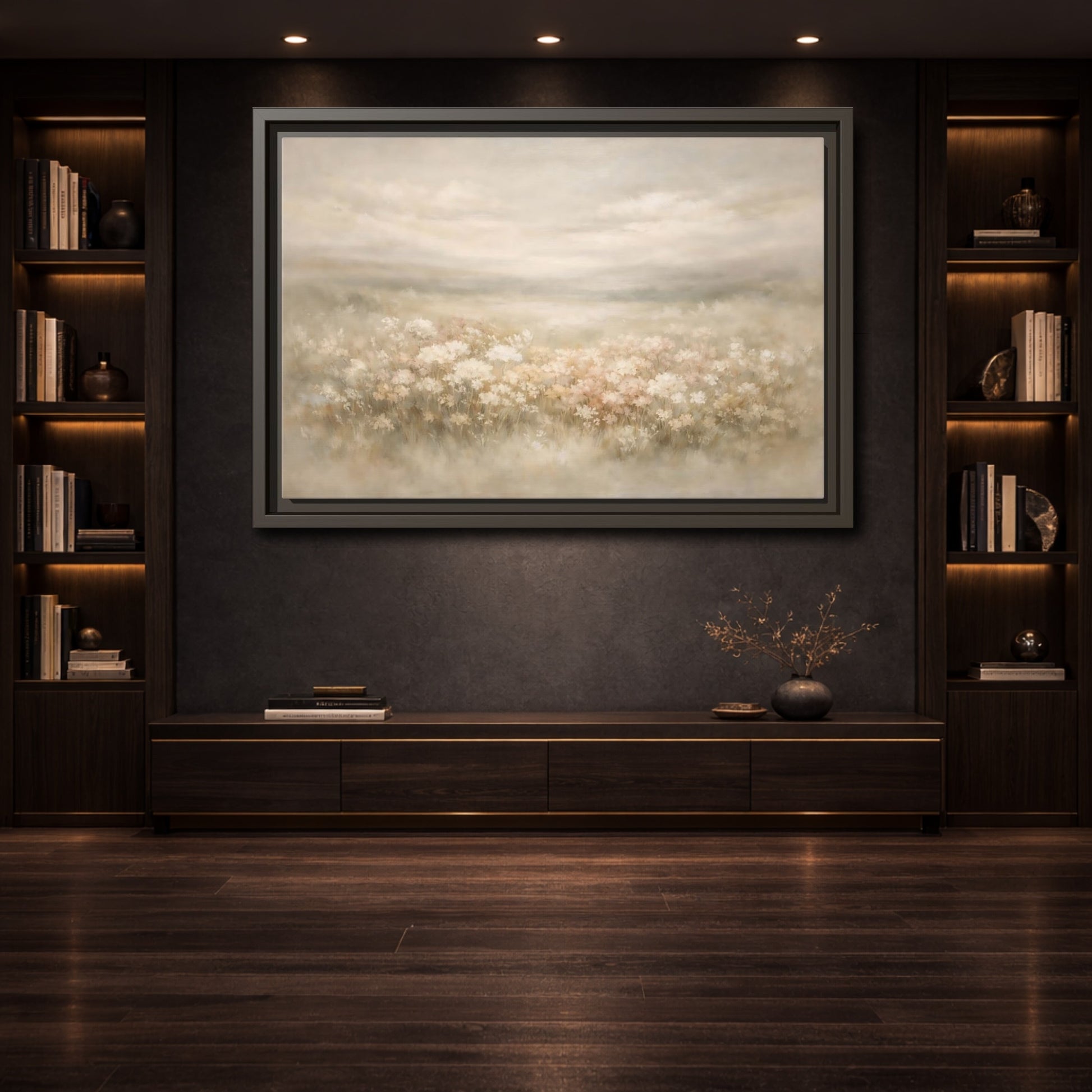 Mockup 3. Nature Flower Field Soft Beige shown as stretched canvas wall art