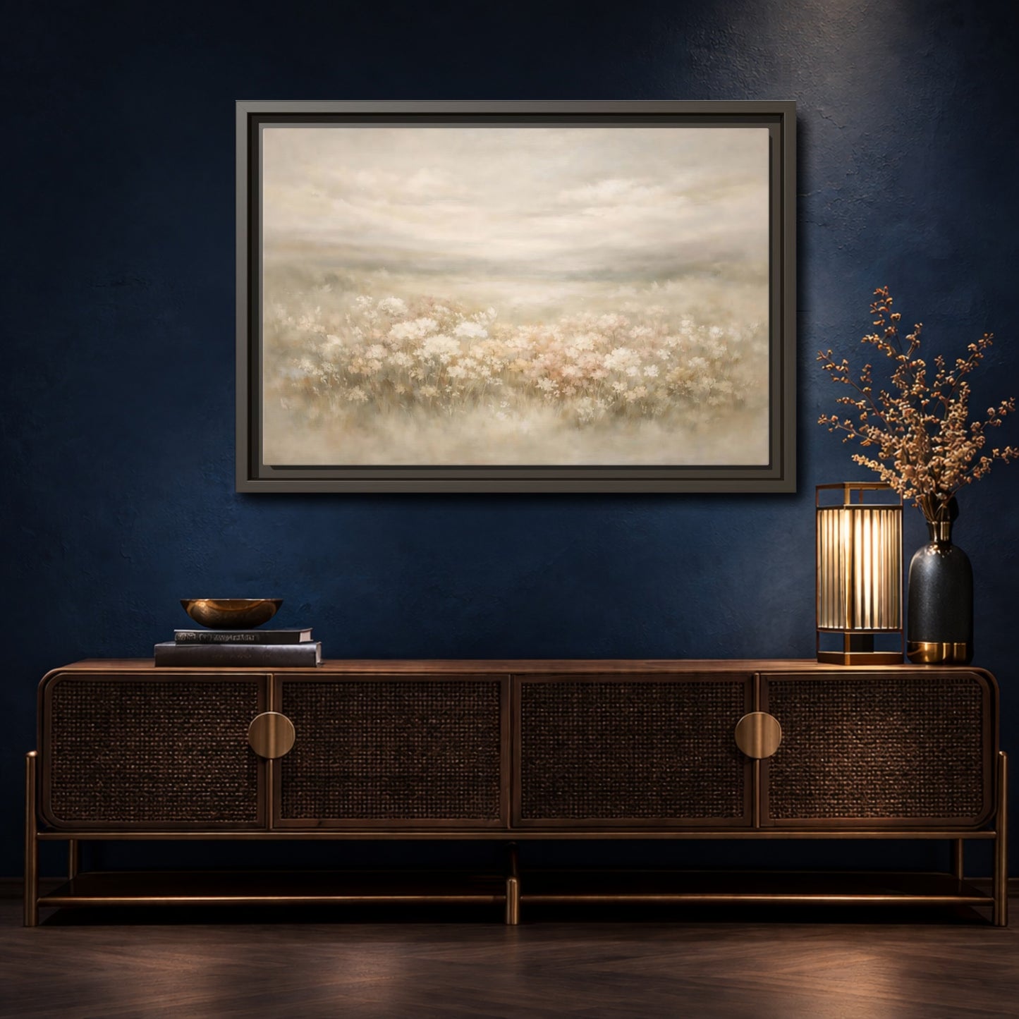 Mockup 4. Nature Flower Field Soft Beige shown as stretched canvas wall art