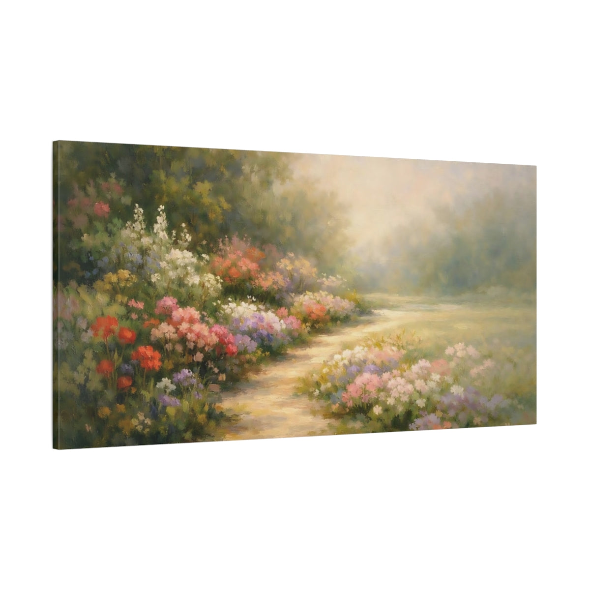 Main Mockup. Nature Flower Garden Colorful Garden Path shown as stretched canvas wall art