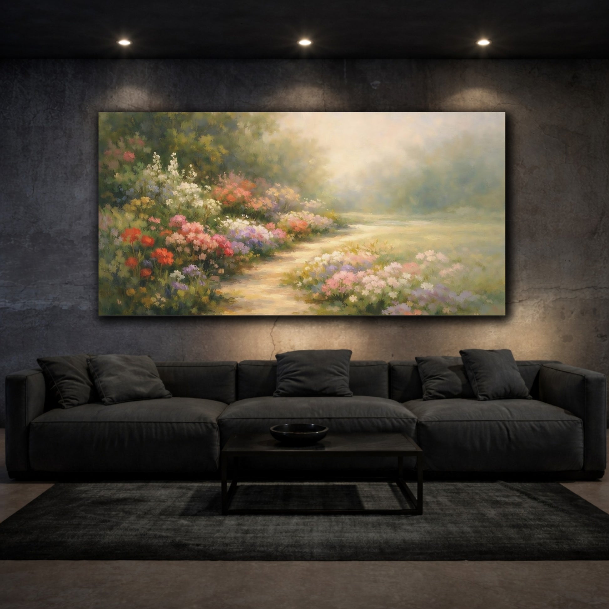 Mockup 2. Nature Flower Garden Colorful Garden Path shown as stretched canvas wall art