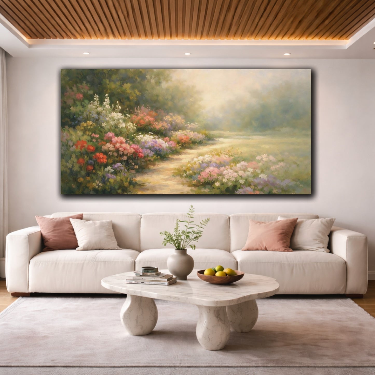 Mockup 3. Nature Flower Garden Colorful Garden Path shown as stretched canvas wall art