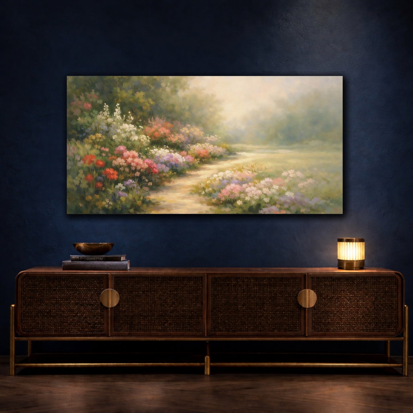 Mockup 4. Nature Flower Garden Colorful Garden Path shown as stretched canvas wall art