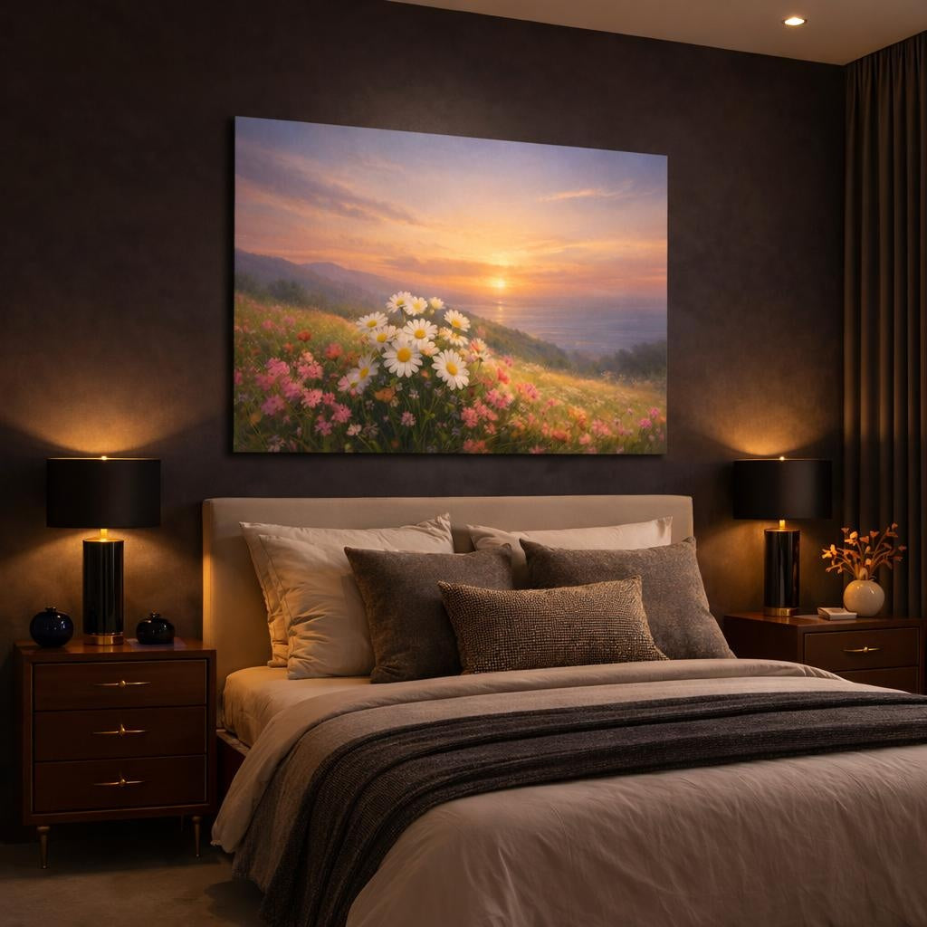 Nature Flower Horizon shown as canvas wall art in a luxury bedroom
