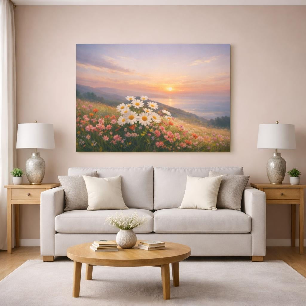 Nature Flower Horizon shown as canvas wall art in a modern living room