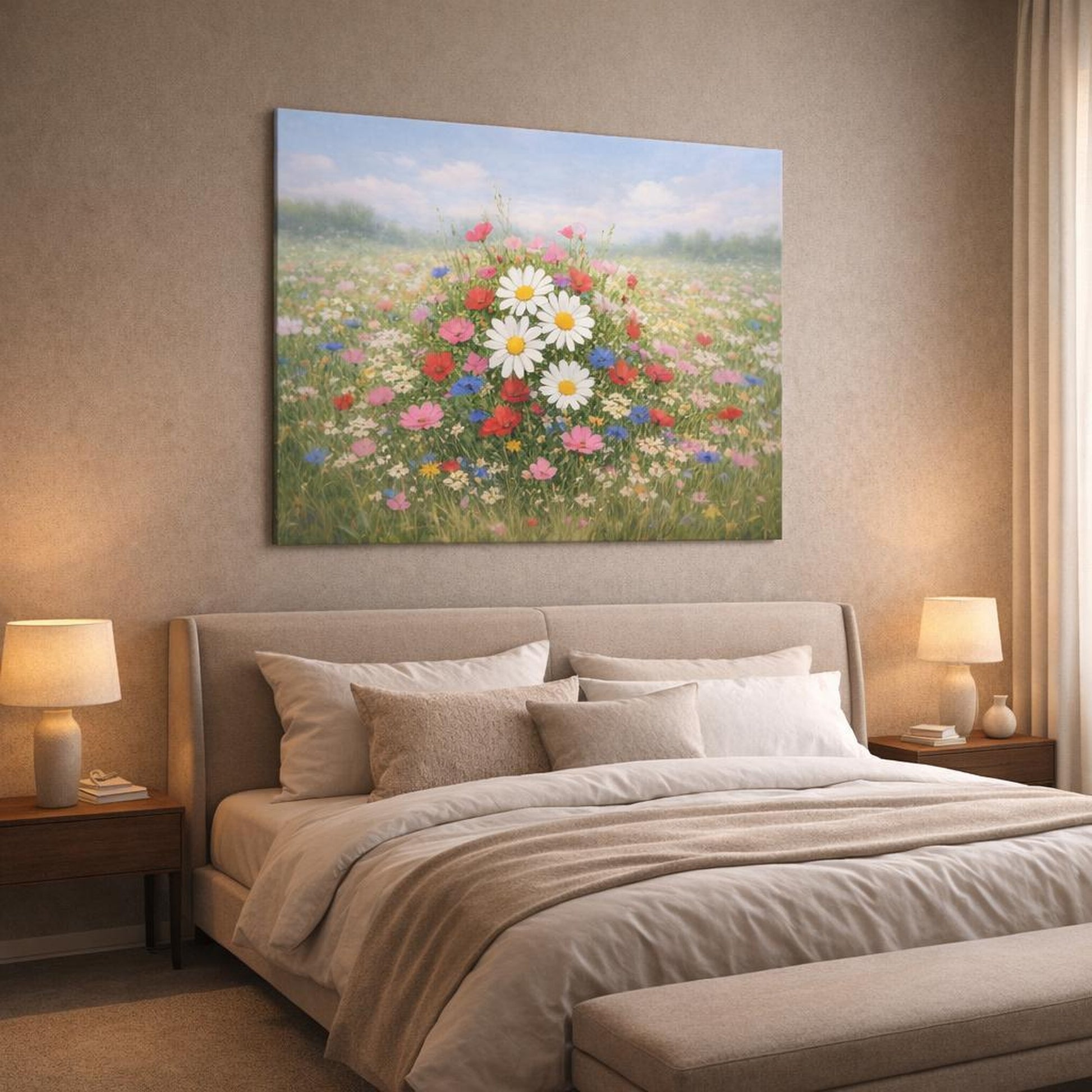 Nature Flower Meadow shown as canvas wall art in a luxury bedroom