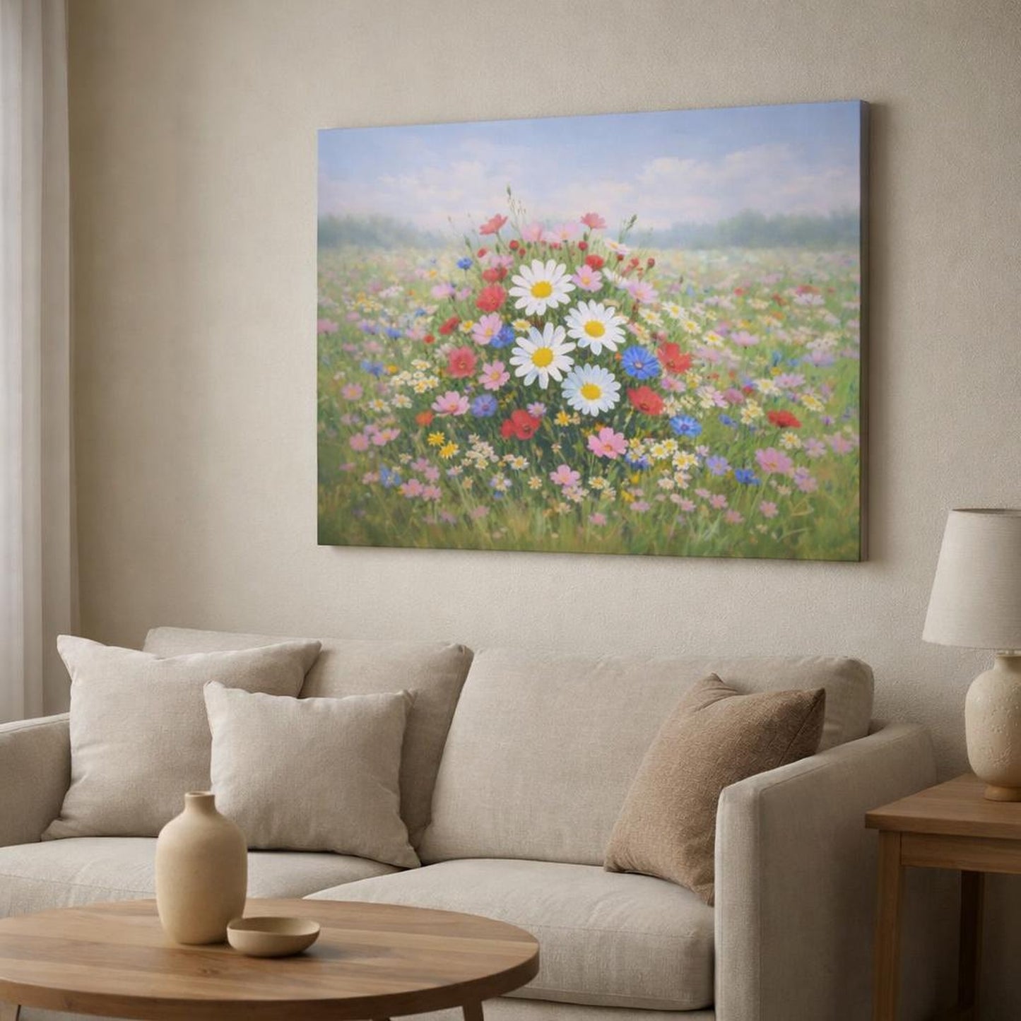 Nature Flower Meadow shown as canvas wall art in a modern living room