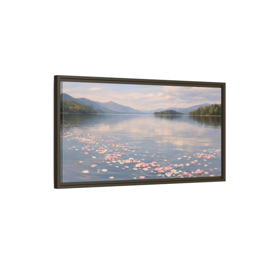Main Mockup. Nature Flower Petals Pink Petals Lake shown as stretched canvas wall art