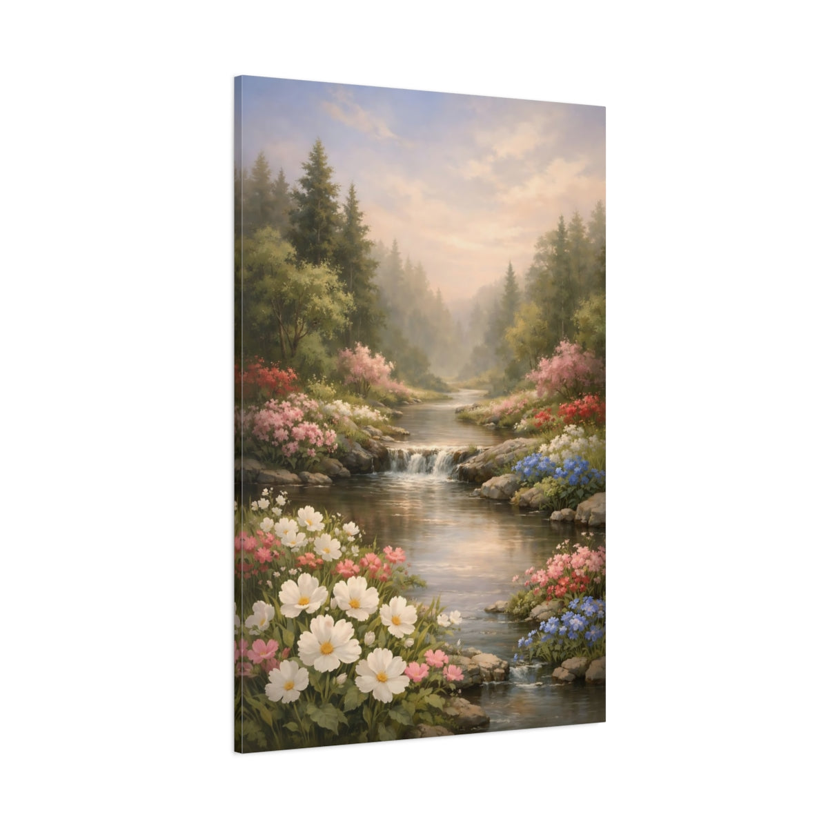 Main Mockup. Nature Flower Stream Pastel River Landscape shown as stretched canvas wall art