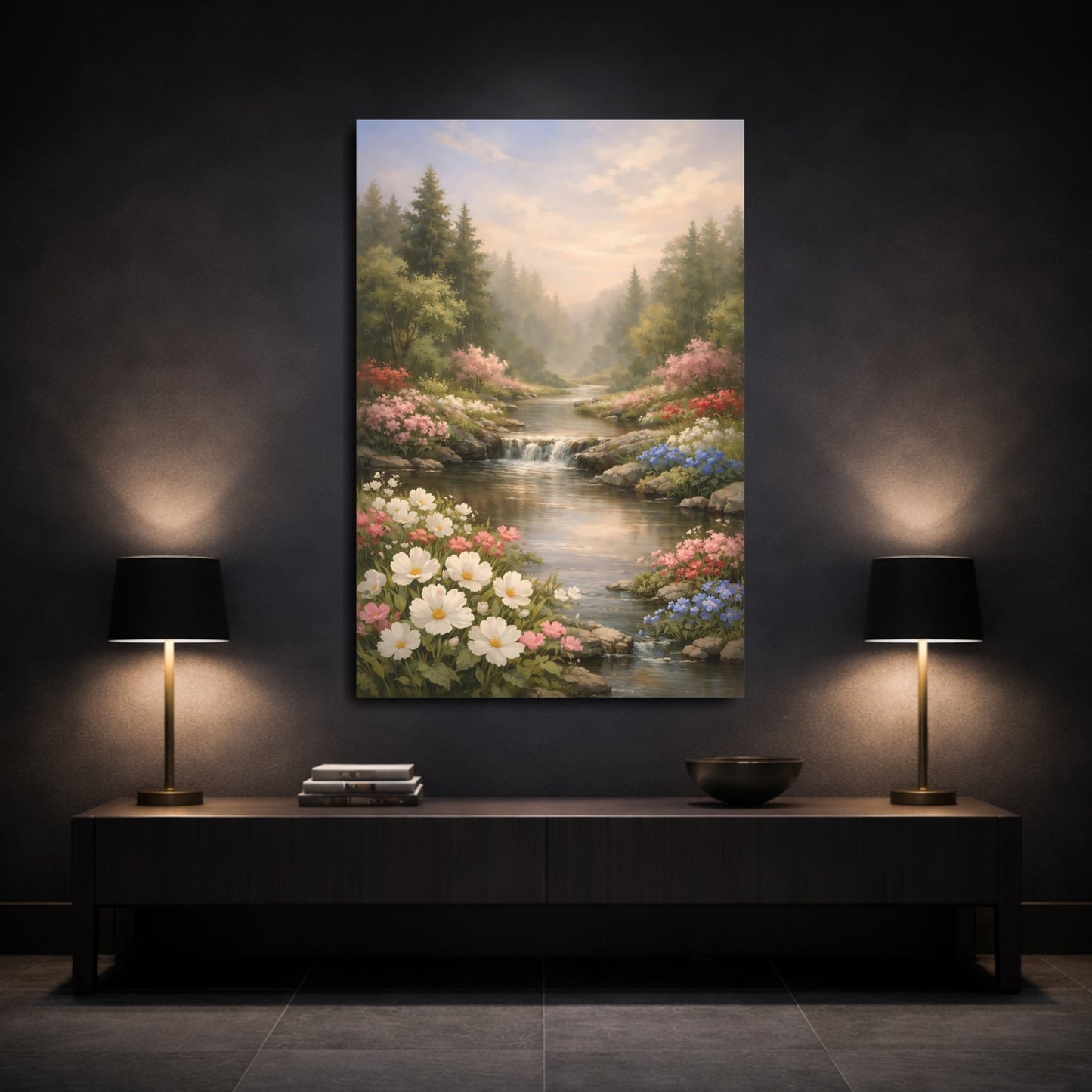 Mockup 2. Nature Flower Stream Pastel River Landscape shown as stretched canvas wall art