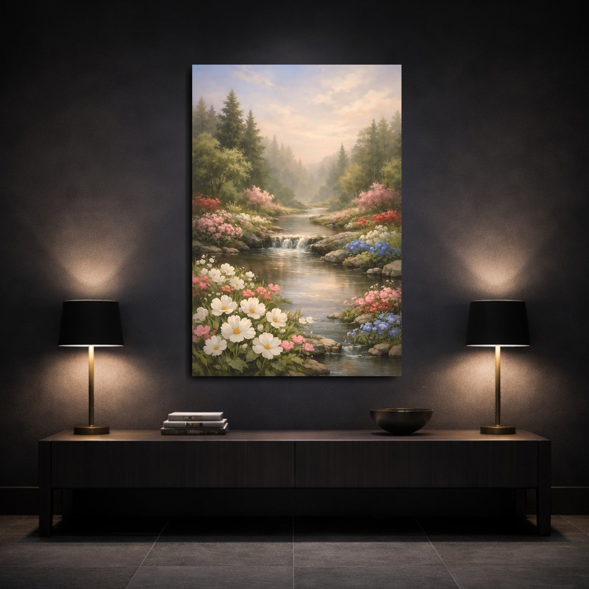 Mockup 2. Nature Flower Stream Pastel River Landscape shown as stretched canvas wall art
