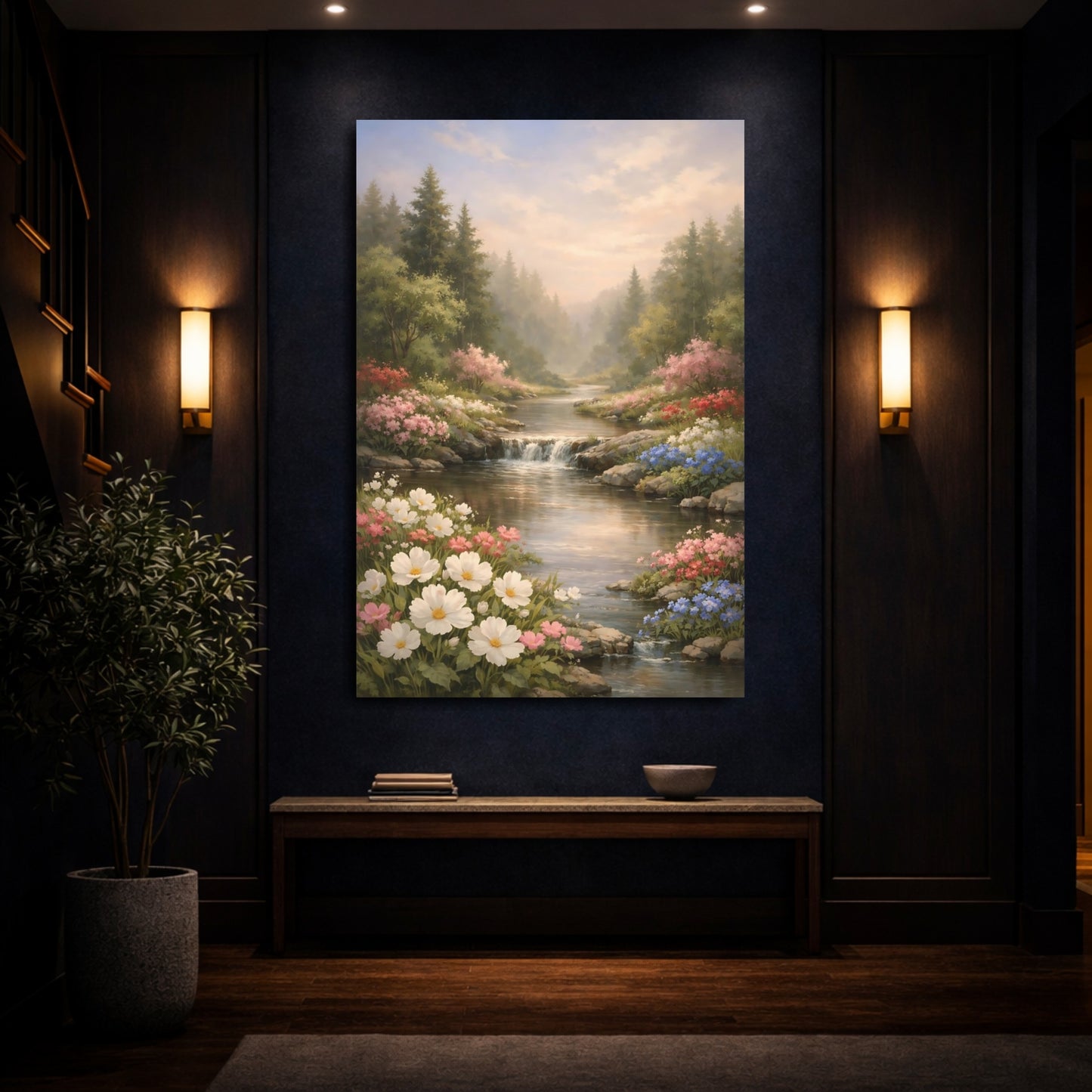 Mockup 3. Nature Flower Stream Pastel River Landscape shown as stretched canvas wall art
