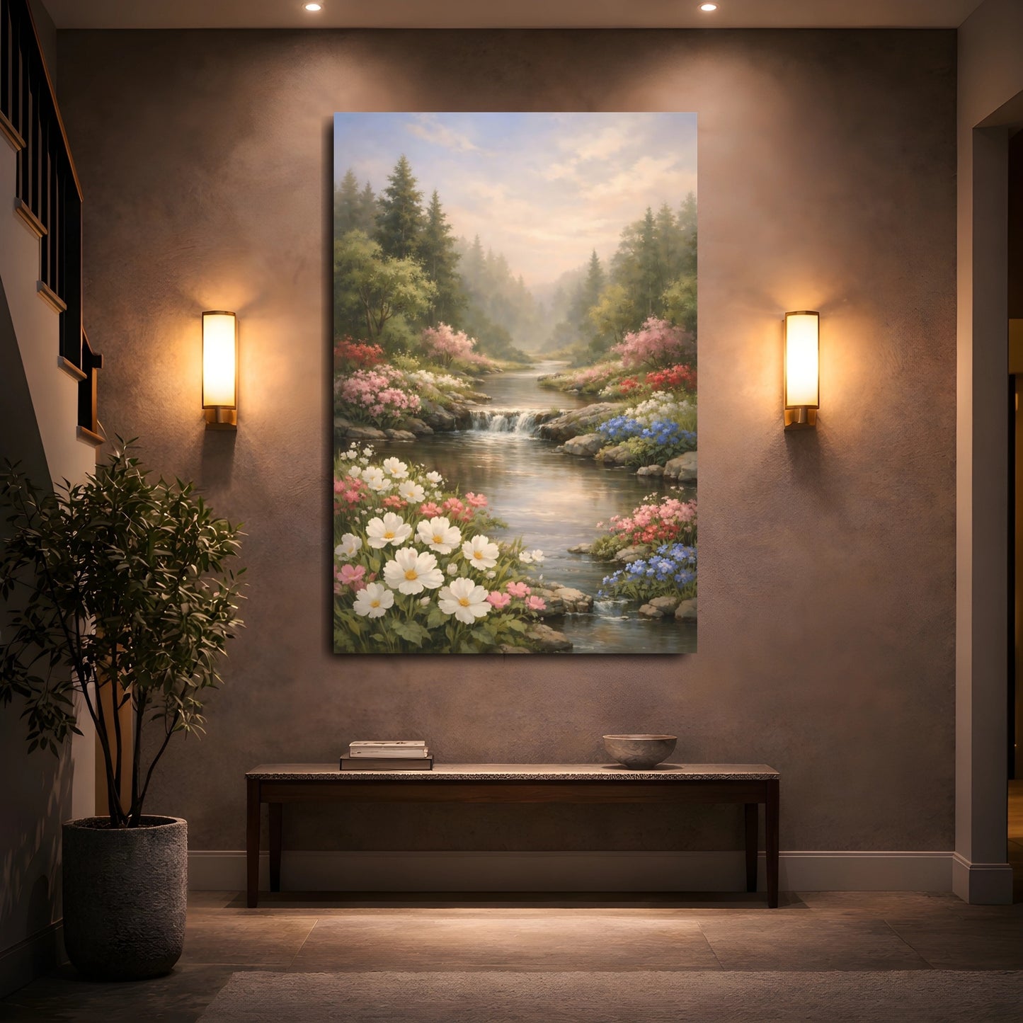 Mockup 4. Nature Flower Stream Pastel River Landscape shown as stretched canvas wall art