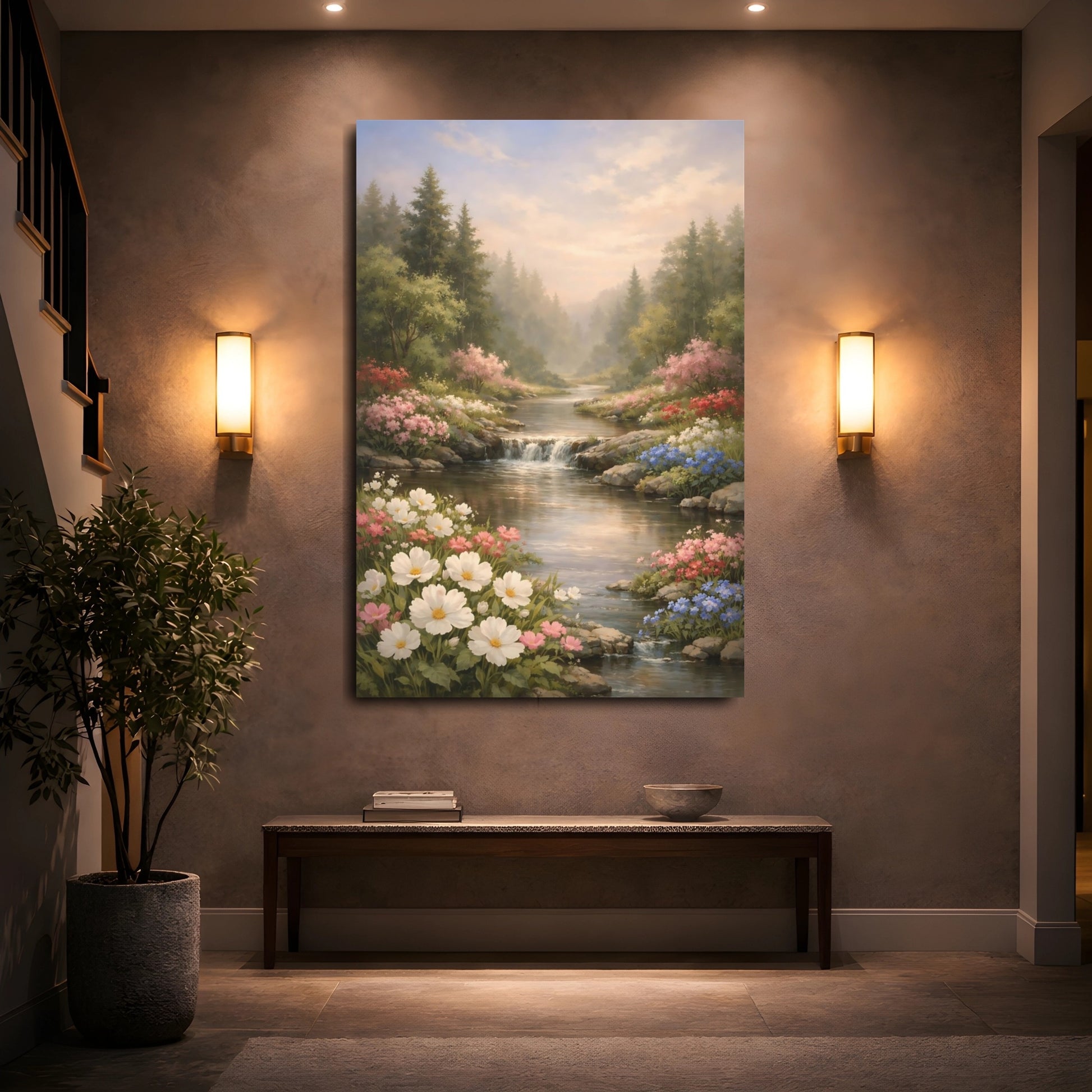 Mockup 4. Nature Flower Stream Pastel River Landscape shown as stretched canvas wall art