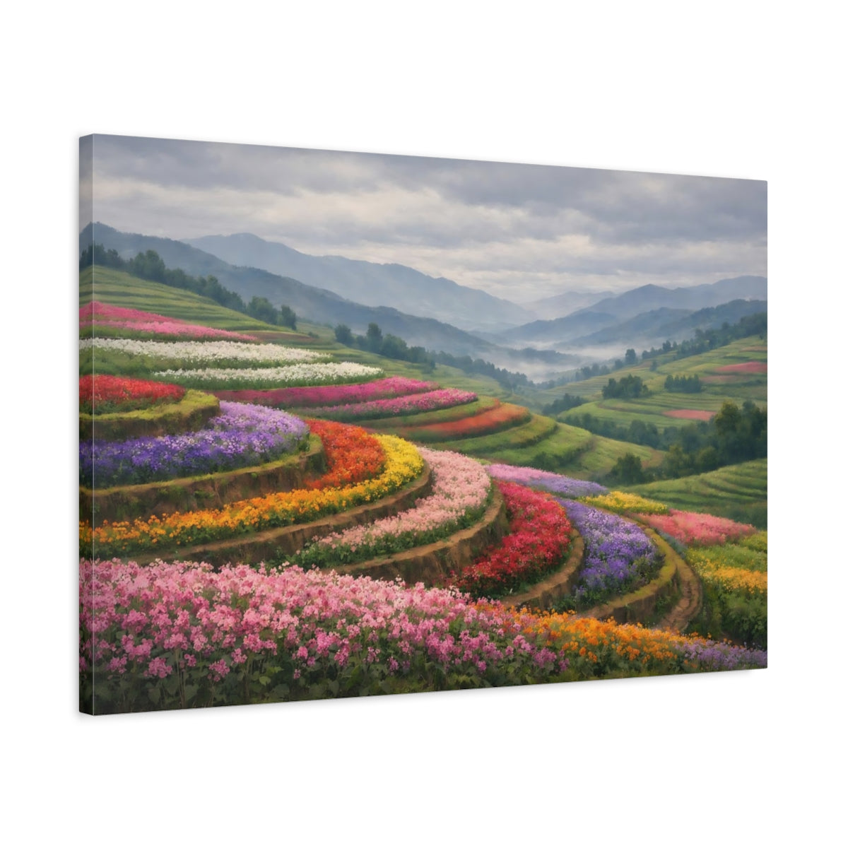 Side Mockup 2. Nature Flower Terraces Colorful Flower Fields shown as stretched canvas wall art