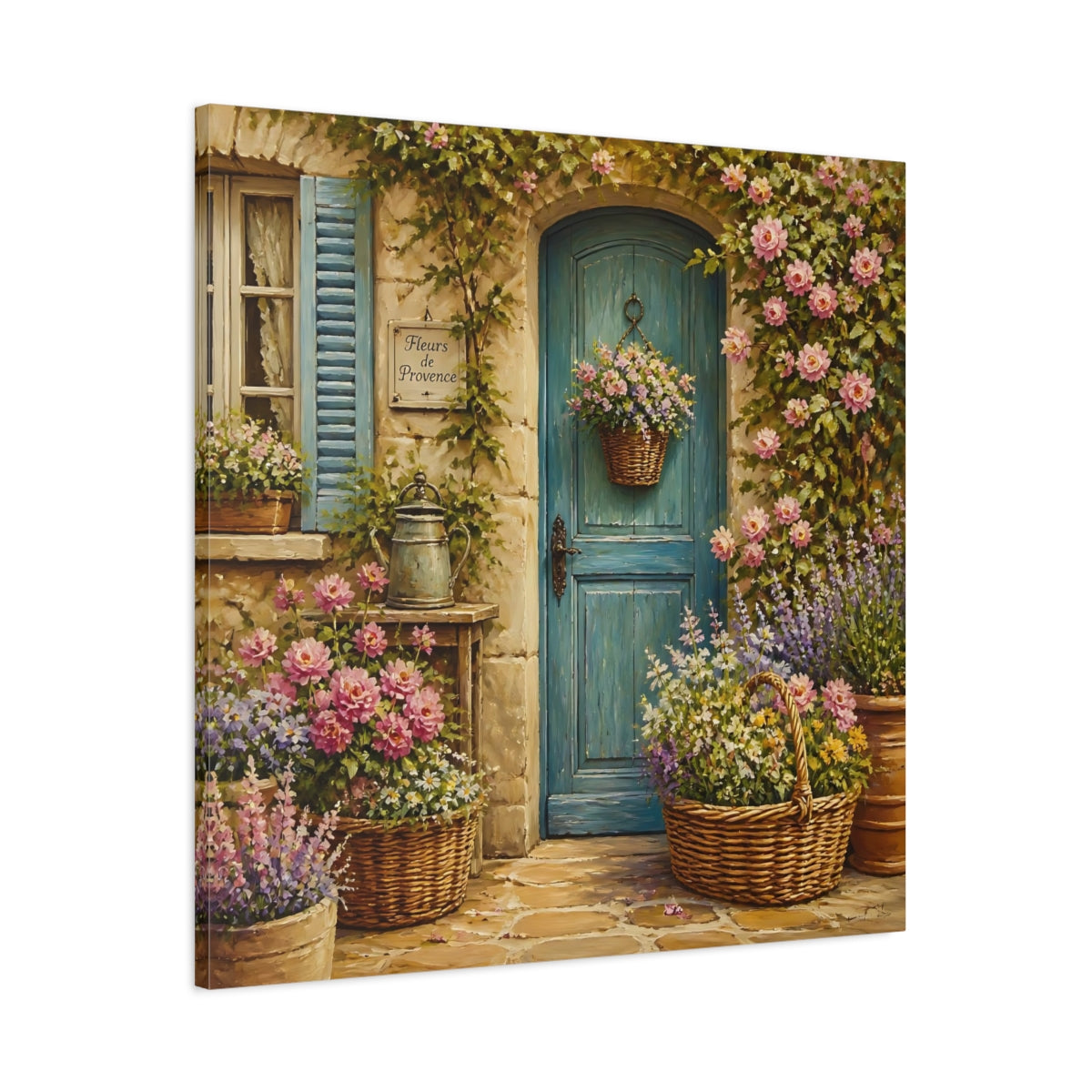Main Mockup. Nature Flowered Door Blue Door Floral shown as stretched canvas wall art