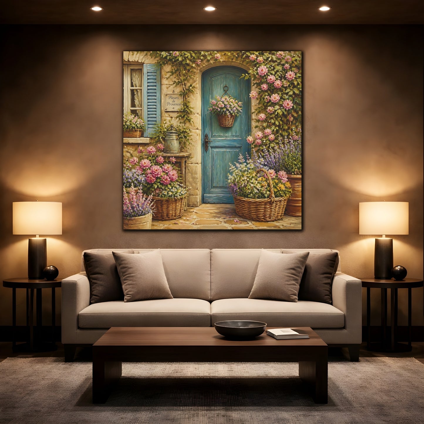 Mockup 2. Nature Flowered Door Blue Door Floral shown as stretched canvas wall art