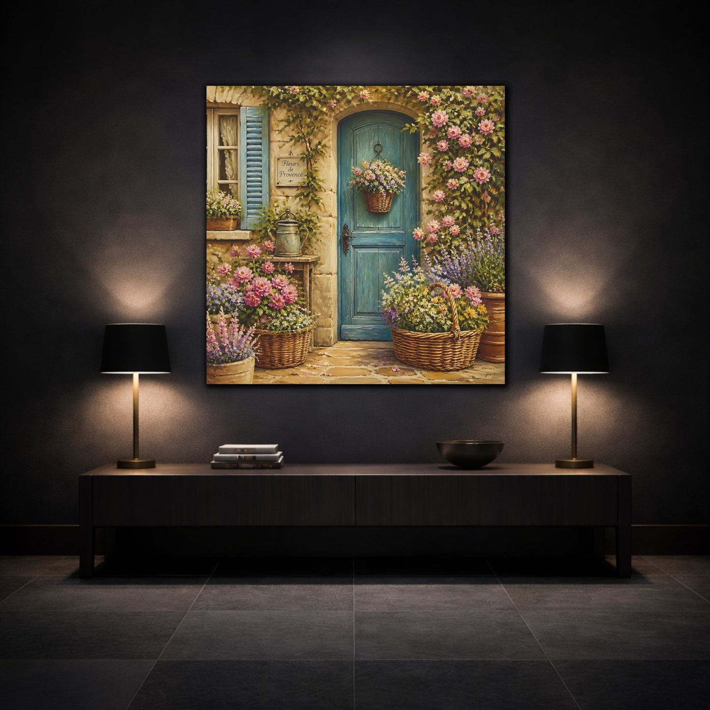 Mockup 3. Nature Flowered Door Blue Door Floral shown as stretched canvas wall art
