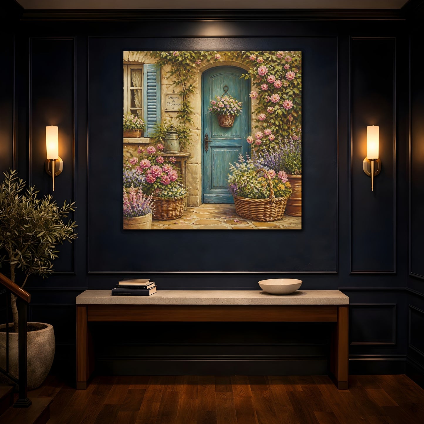 Mockup 4. Nature Flowered Door Blue Door Floral shown as stretched canvas wall art