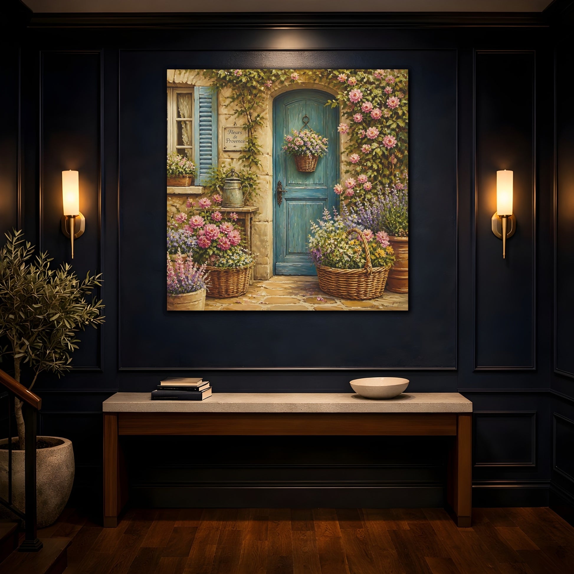 Mockup 4. Nature Flowered Door Blue Door Floral shown as stretched canvas wall art