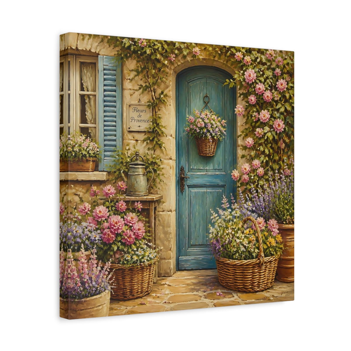 Side Mockup 6. Nature Flowered Door Blue Door Floral shown as stretched canvas wall art