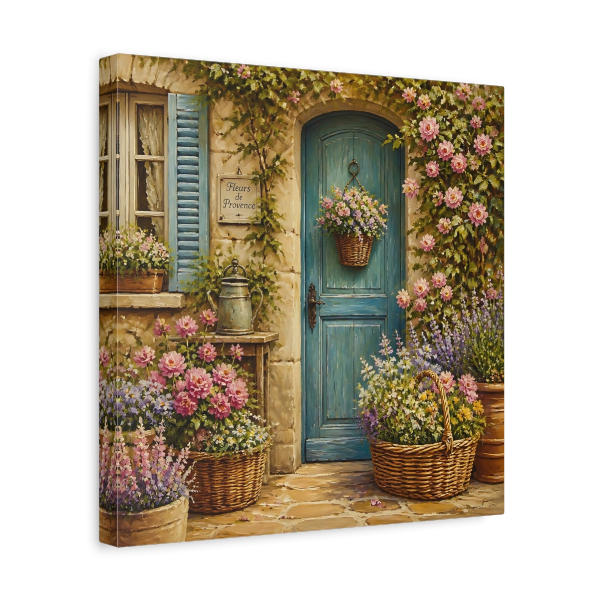 Side Mockup 7. Nature Flowered Door Blue Door Floral shown as stretched canvas wall art