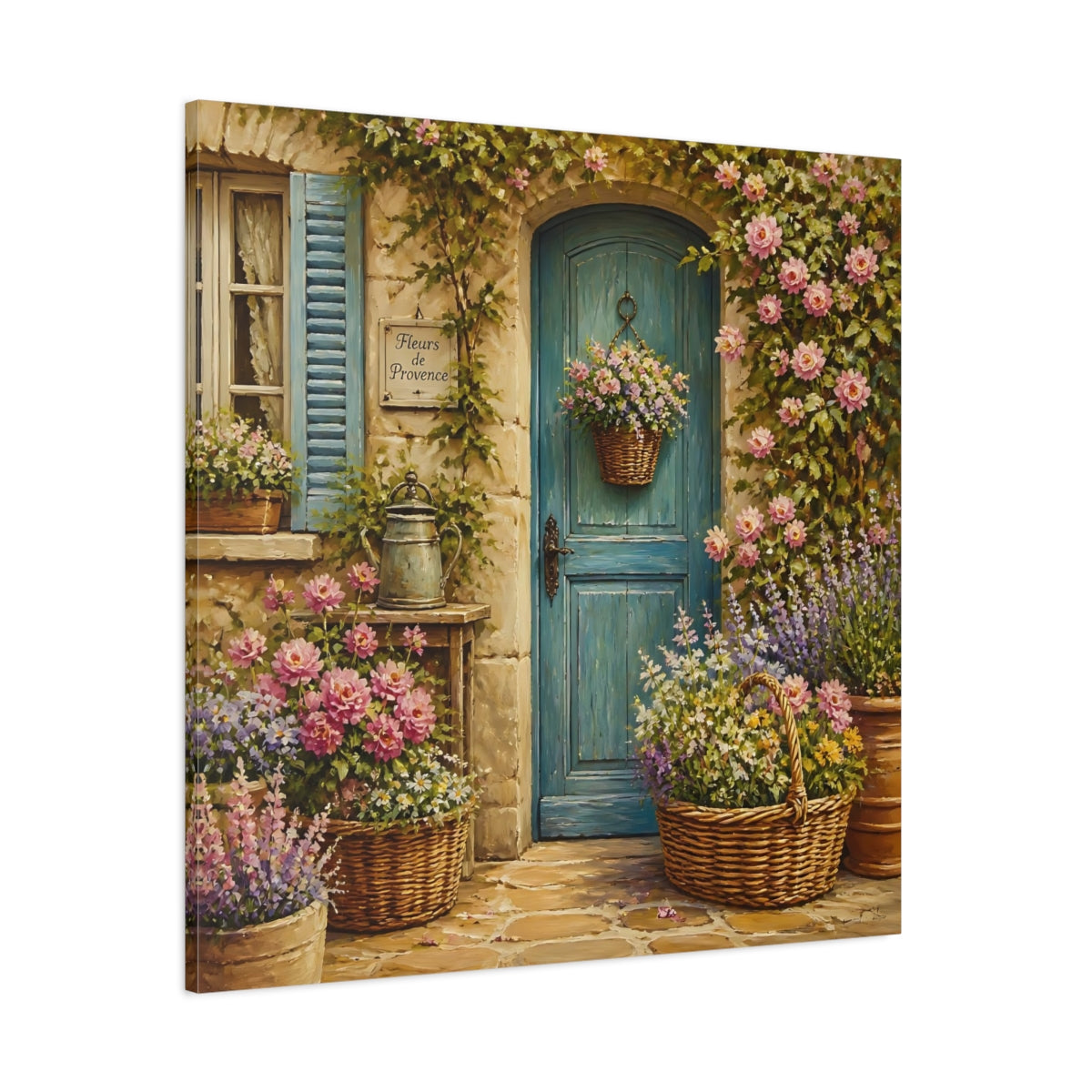 Side Mockup 1. Nature Flowered Door Blue Door Floral shown as stretched canvas wall art