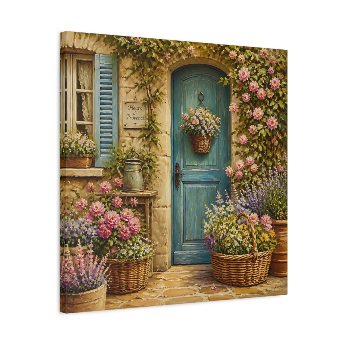 Side Mockup 4. Nature Flowered Door Blue Door Floral shown as stretched canvas wall art