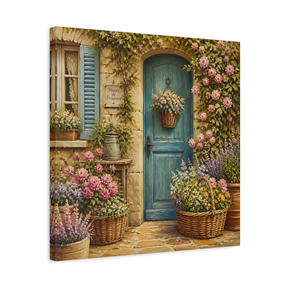 Side Mockup 5. Nature Flowered Door Blue Door Floral shown as stretched canvas wall art