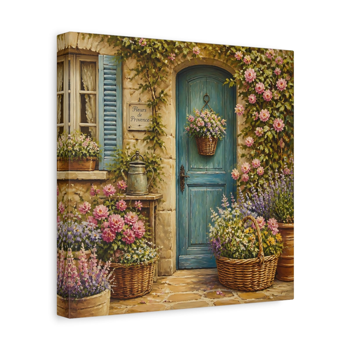 Side Mockup 8. Nature Flowered Door Blue Door Floral shown as stretched canvas wall art