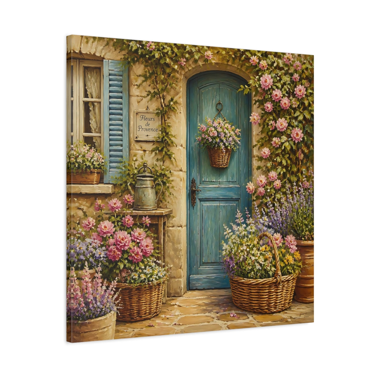Side Mockup 3. Nature Flowered Door Blue Door Floral shown as stretched canvas wall art