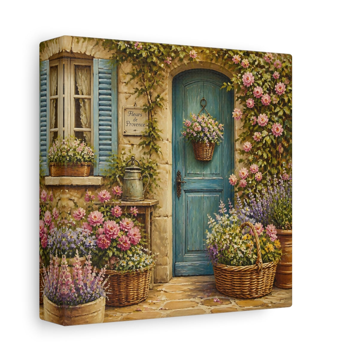 Side Mockup 2. Nature Flowered Door Blue Door Floral shown as stretched canvas wall art