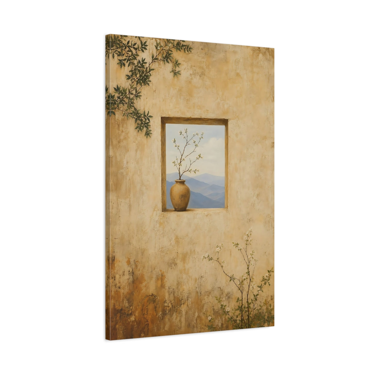 Main Mockup. Nature Flowering Branch Beige And Blue shown as stretched canvas wall art