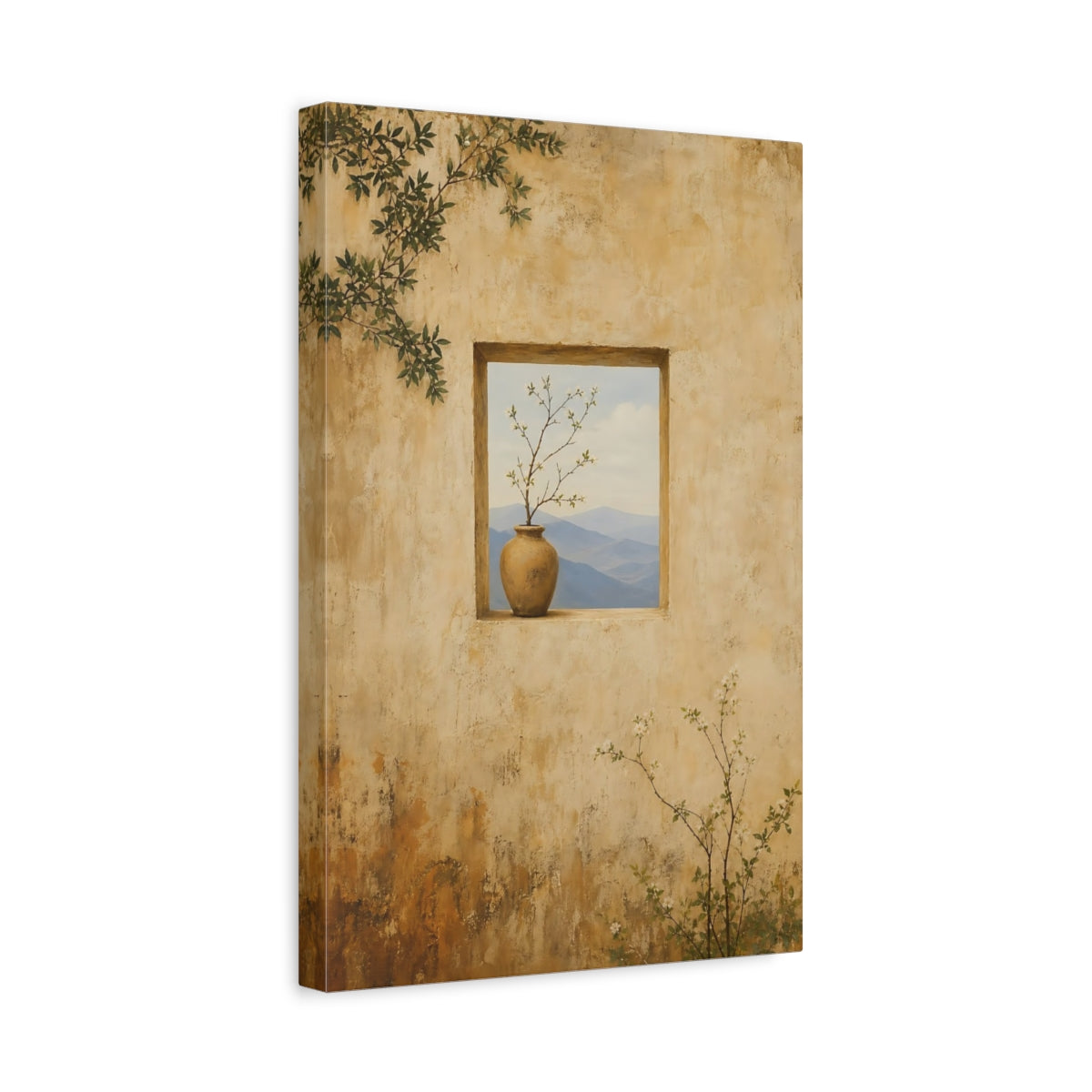 Side Mockup 4. Nature Flowering Branch Beige And Blue shown as stretched canvas wall art